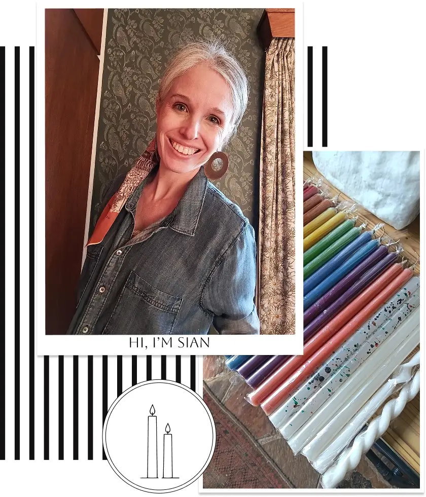 Sian McDowell, founder of The Dirty Candle Co, smiling beside colourful candles